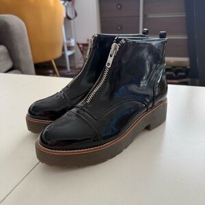River Island Black Patent Zip Ankle Boots Chunky Heel Platform Gothic Glam 90s